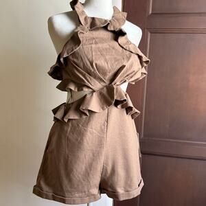 ROSEVELVET | Tan Linen Blend Ruffle Trim Halter Cutout Romper | Small BNWT